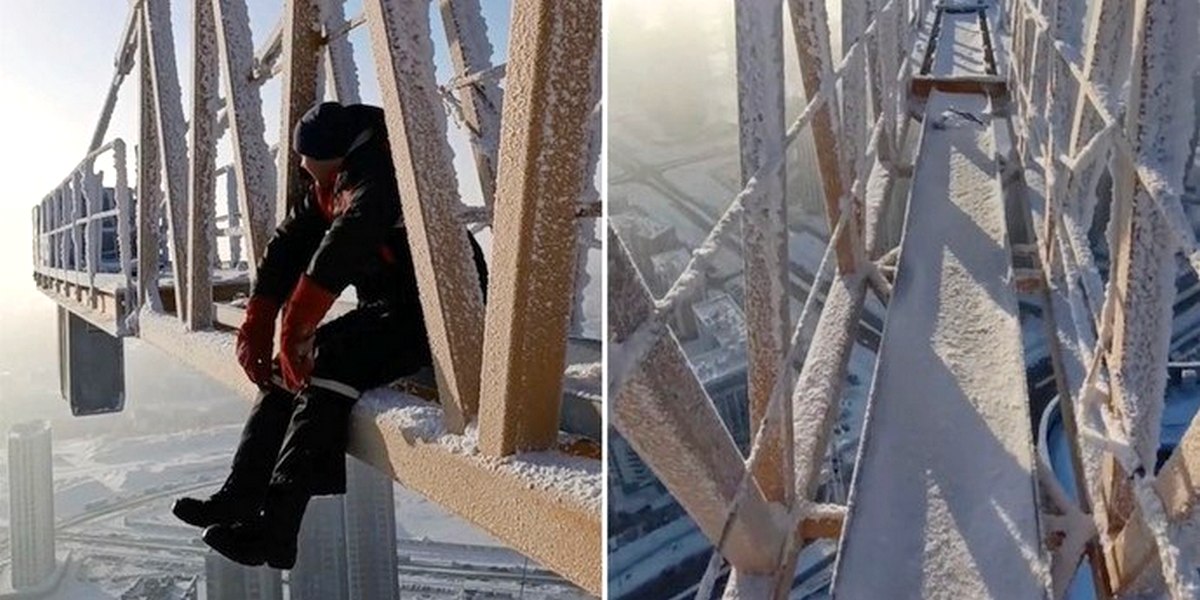 Как крановщик забирается в небо по обледеневшей лестнице
